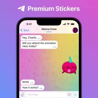 Stiker Premium. Pelanggan Premium dapat mengirim puluhan stiker dengan efek layar penuh
