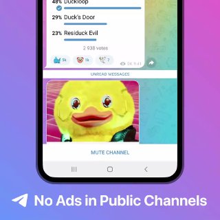 No Ads in Public Channels. Sponsored Messages are shown in some large public channels. These pri...